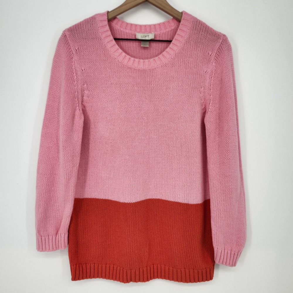 LOFT Womens Colorblock Crewneck Sweater Size L Pink Orange Cotton Capsule Preppy